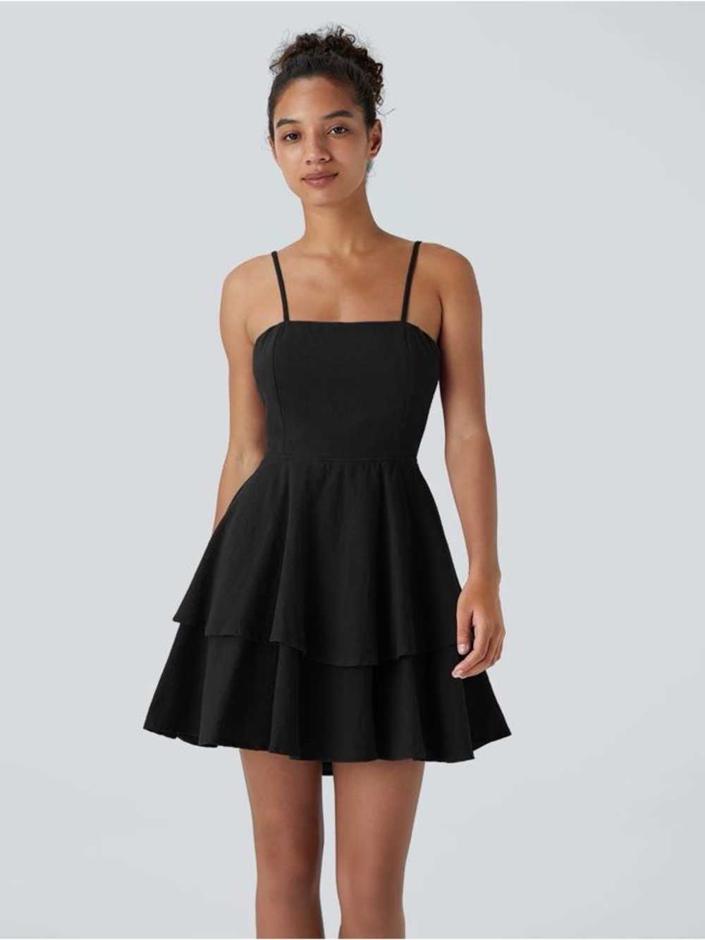HALARA Black Tiered Mini Dress with Spaghetti Straps